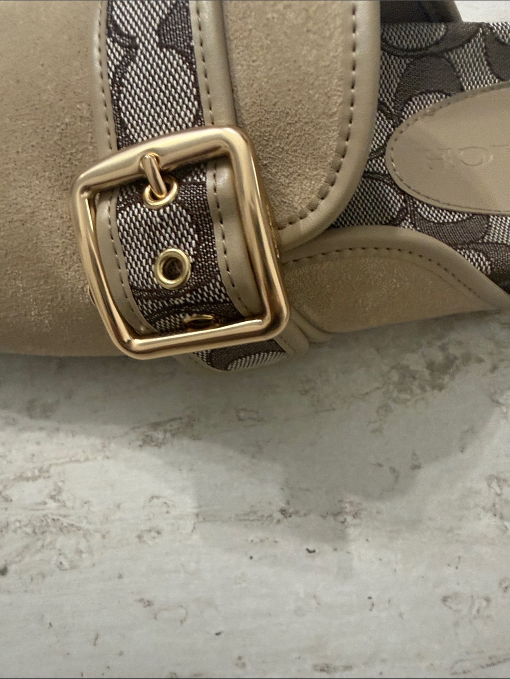 Coach Beige Suede Logo-Trim Clogs with Gold Buckle - Picture 4 of 8